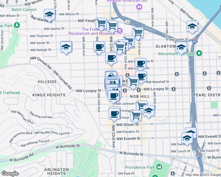 map of restaurants, bars, coffee shops, grocery stores, and more near 2280 Northwest Lovejoy Street in Portland