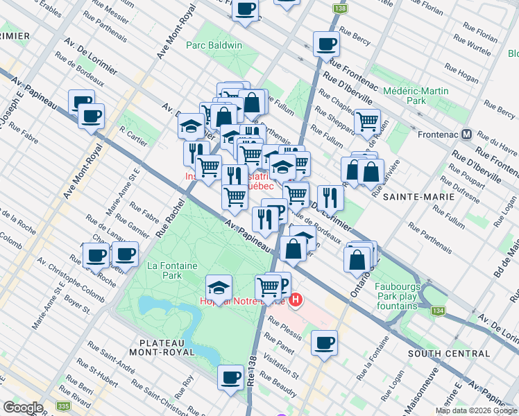 map of restaurants, bars, coffee shops, grocery stores, and more near 3500 Rue Dorion in Montréal
