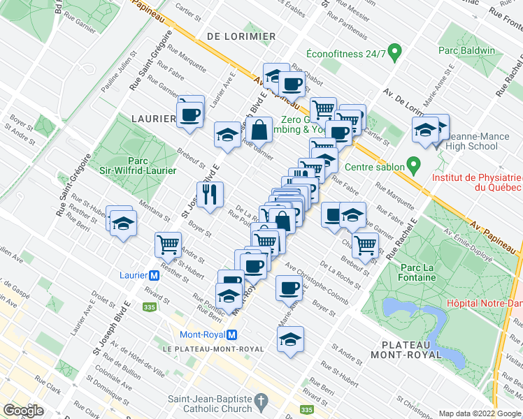 map of restaurants, bars, coffee shops, grocery stores, and more near 4624 Rue de Brébeuf in Montréal