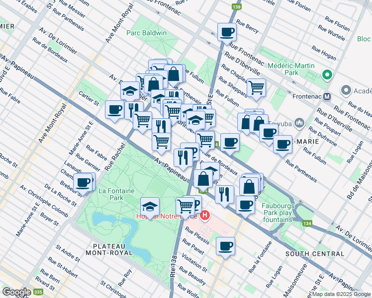 map of restaurants, bars, coffee shops, grocery stores, and more near in Montreal