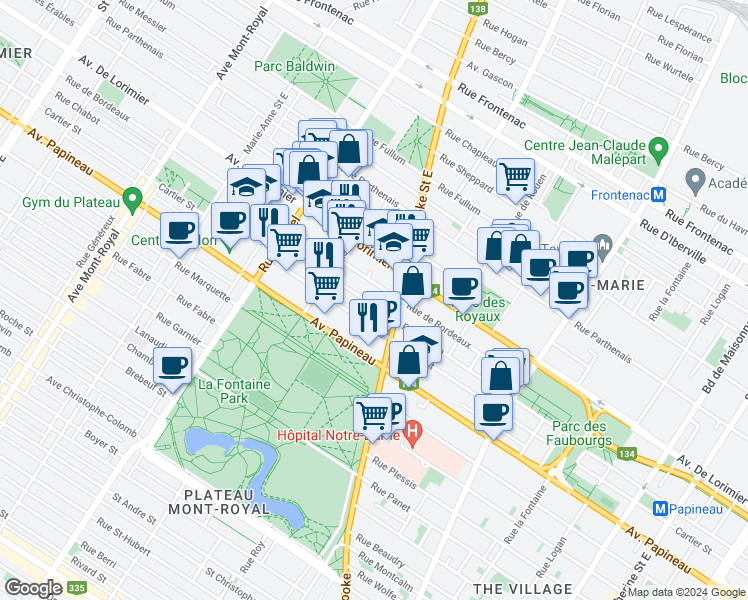 map of restaurants, bars, coffee shops, grocery stores, and more near 3467 Rue Dorion in Montréal