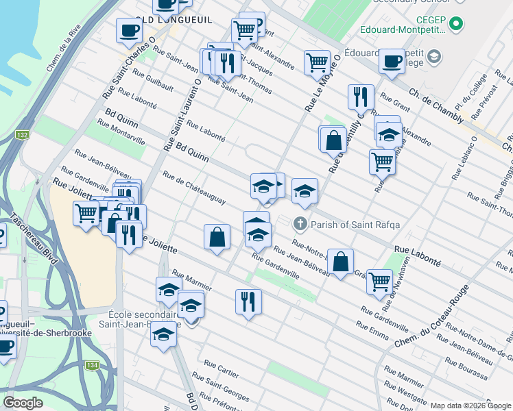 map of restaurants, bars, coffee shops, grocery stores, and more near 565 Rue Le Moyne Ouest in Longueuil