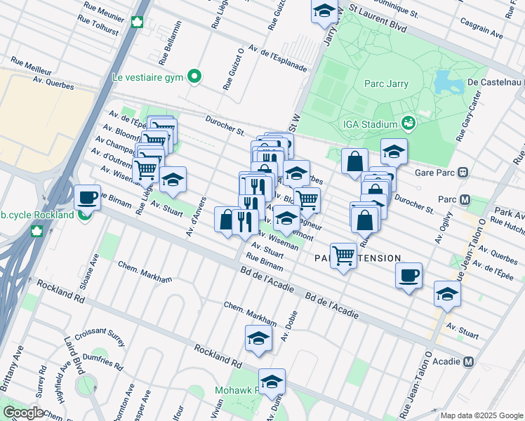 map of restaurants, bars, coffee shops, grocery stores, and more near 780 Rue Jarry Ouest in Montréal