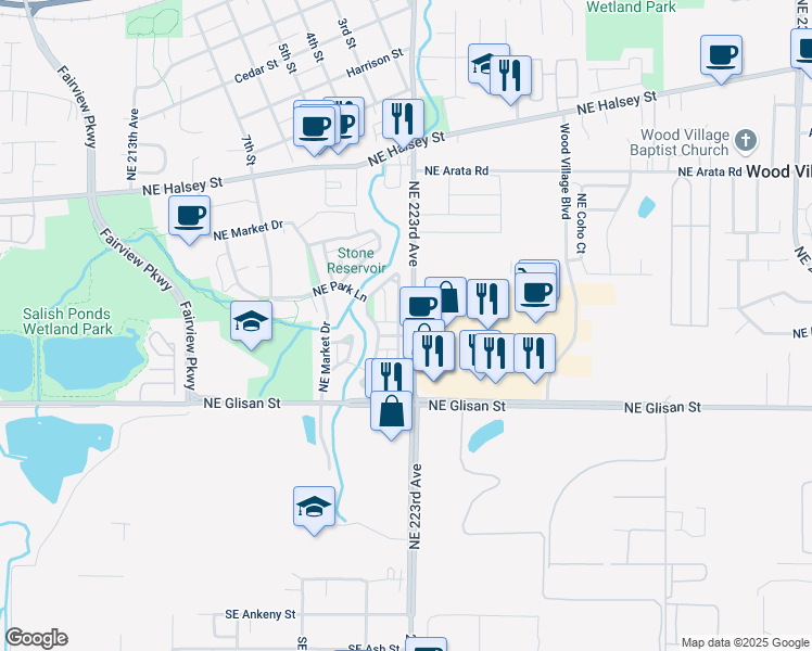 map of restaurants, bars, coffee shops, grocery stores, and more near 22282 Northeast Park Lane in Fairview