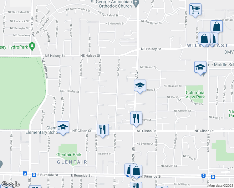 map of restaurants, bars, coffee shops, grocery stores, and more near NE 160th Ave in Portland