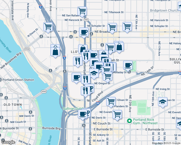 map of restaurants, bars, coffee shops, grocery stores, and more near NE Grand Ave & NE Holladay St in Portland