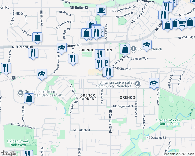 map of restaurants, bars, coffee shops, grocery stores, and more near 6199 Northeast Alder Street in Hillsboro