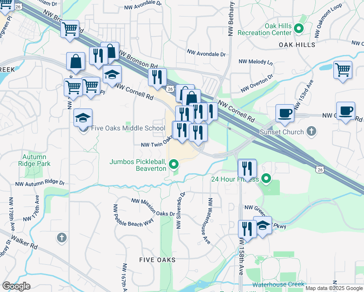 map of restaurants, bars, coffee shops, grocery stores, and more near 16305 Northwest Bethany Court in Beaverton