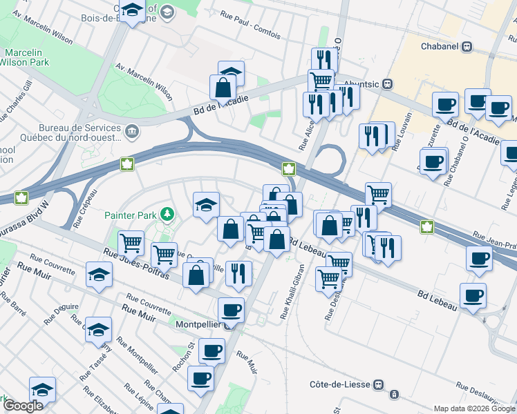 map of restaurants, bars, coffee shops, grocery stores, and more near 145 Boulevard Thompson in Montréal