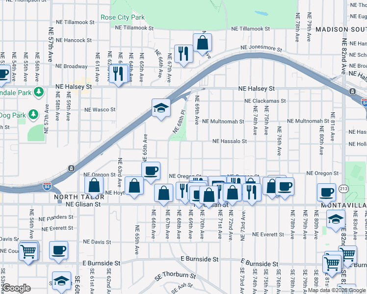 map of restaurants, bars, coffee shops, grocery stores, and more near 905 Northeast 68th Avenue in Portland