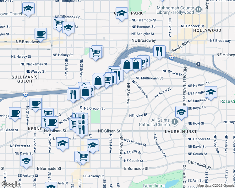 map of restaurants, bars, coffee shops, grocery stores, and more near 3067 Northeast Pacific Street in Portland