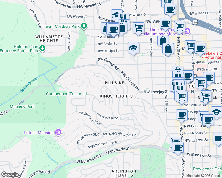 map of restaurants, bars, coffee shops, grocery stores, and more near 2828 Northwest Cumberland Road in Portland