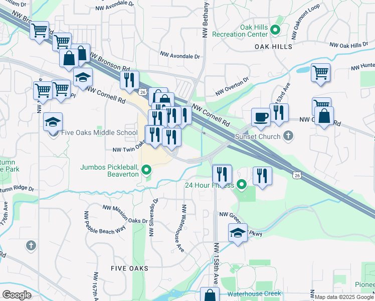 map of restaurants, bars, coffee shops, grocery stores, and more near 1500 Northwest Bethany Boulevard in Beaverton