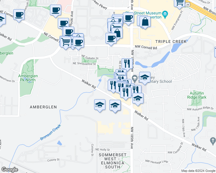 map of restaurants, bars, coffee shops, grocery stores, and more near 1314 Northeast 105th Way in Beaverton
