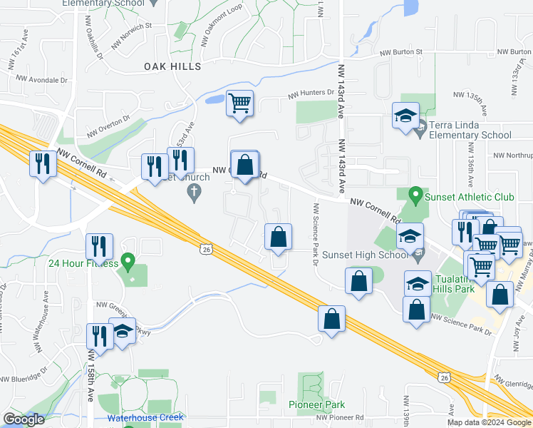 map of restaurants, bars, coffee shops, grocery stores, and more near 14684 Northwest Cornell Road in Portland