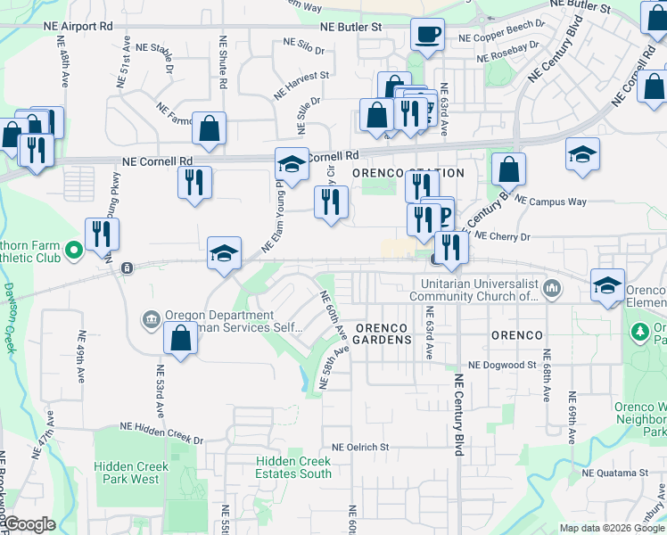 map of restaurants, bars, coffee shops, grocery stores, and more near 5999 Northeast Alder Street in Hillsboro