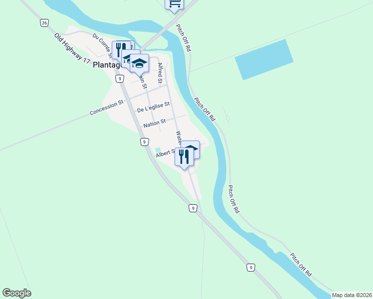 map of restaurants, bars, coffee shops, grocery stores, and more near 605 Water Street in Plantagenet