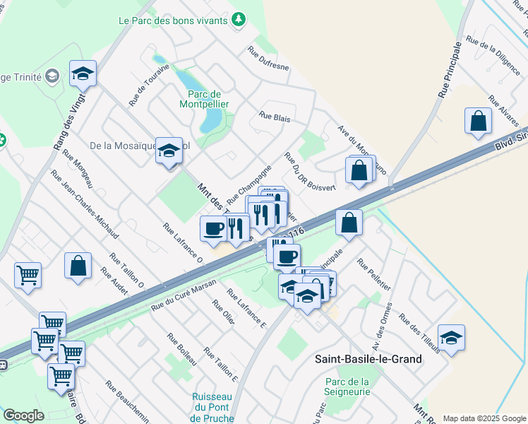 map of restaurants, bars, coffee shops, grocery stores, and more near 97-115 Montée des Trinitaires in Saint-Basile-le-Grand