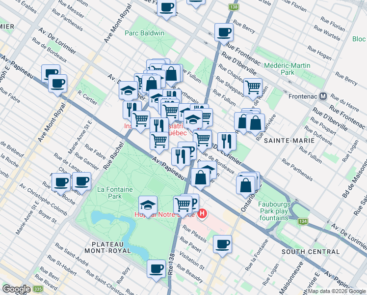 map of restaurants, bars, coffee shops, grocery stores, and more near 3467 Rue Dorion in Montréal