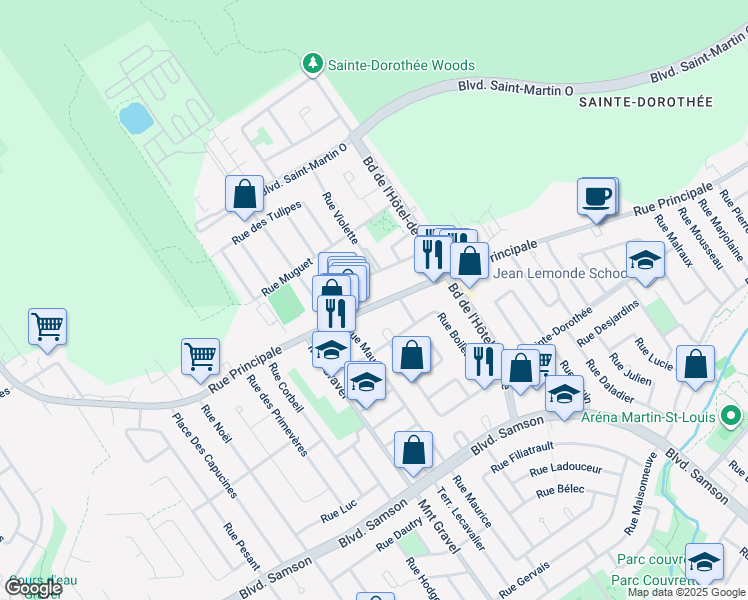 map of restaurants, bars, coffee shops, grocery stores, and more near in Laval