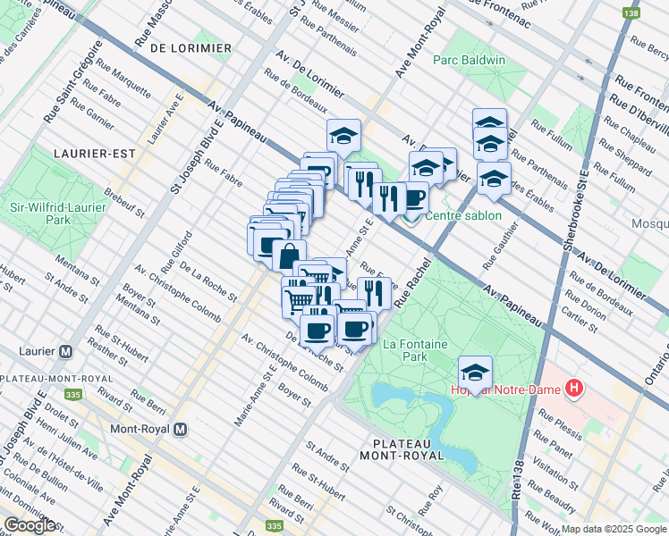 map of restaurants, bars, coffee shops, grocery stores, and more near 1457 Rue Marie-Anne in Montréal