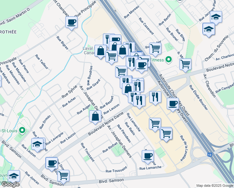 map of restaurants, bars, coffee shops, grocery stores, and more near 204 Rue Lauzon in Laval