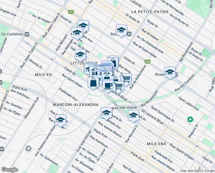 map of restaurants, bars, coffee shops, grocery stores, and more near 6389 Saint Laurent Boulevard in Montreal