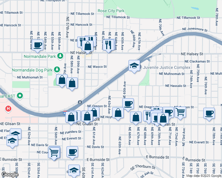 map of restaurants, bars, coffee shops, grocery stores, and more near 6335 Northeast Pacific Street in Portland