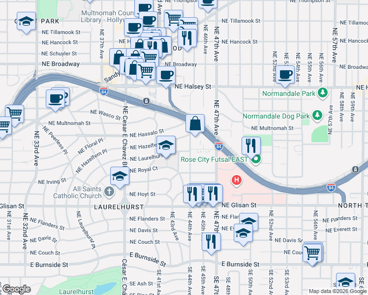 map of restaurants, bars, coffee shops, grocery stores, and more near 4315 Northeast Laurelhurst Place in Portland