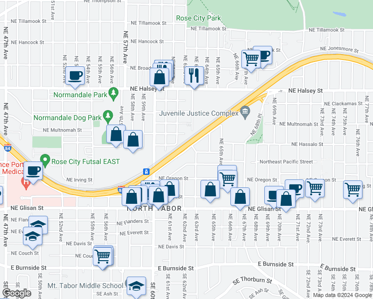 map of restaurants, bars, coffee shops, grocery stores, and more near Northeast Willow Street in Portland