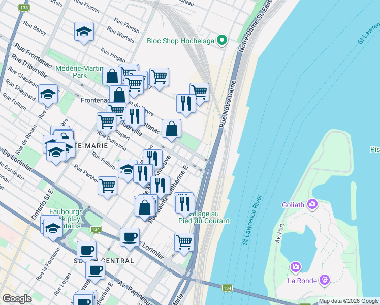 map of restaurants, bars, coffee shops, grocery stores, and more near 1404 Rue Frontenac in Montréal