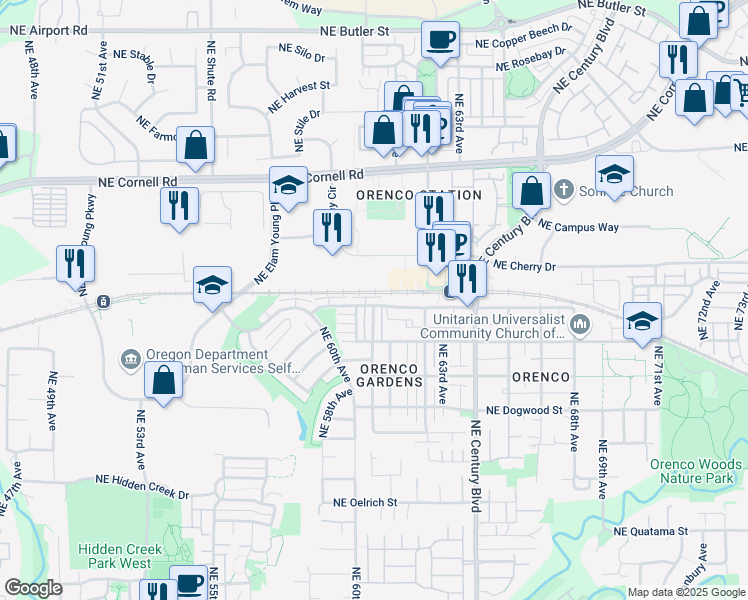 map of restaurants, bars, coffee shops, grocery stores, and more near 6069 Northeast Alder Street in Hillsboro