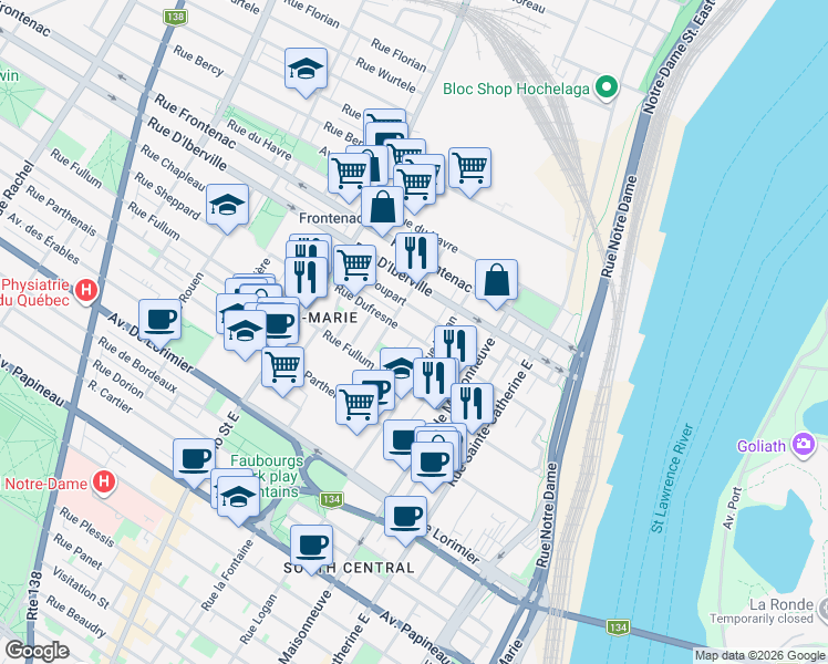 map of restaurants, bars, coffee shops, grocery stores, and more near 1699 Rue Dufresne in Montréal