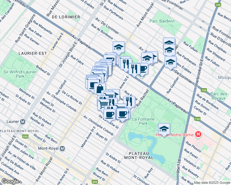 map of restaurants, bars, coffee shops, grocery stores, and more near 1457 Rue Marie-Anne in Montréal