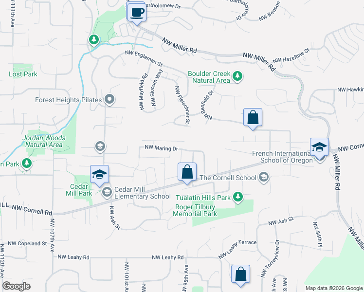 map of restaurants, bars, coffee shops, grocery stores, and more near 9595 Northwest Maring Drive in Portland