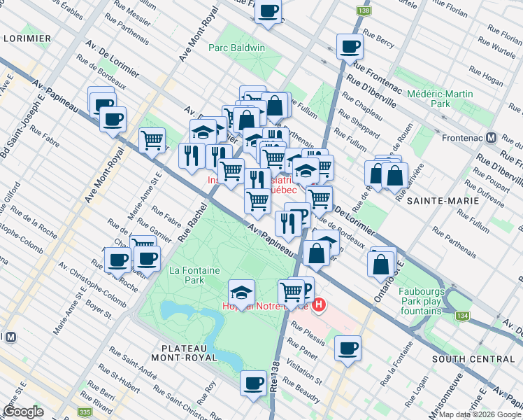 map of restaurants, bars, coffee shops, grocery stores, and more near 3596 Cartier Street in Montreal