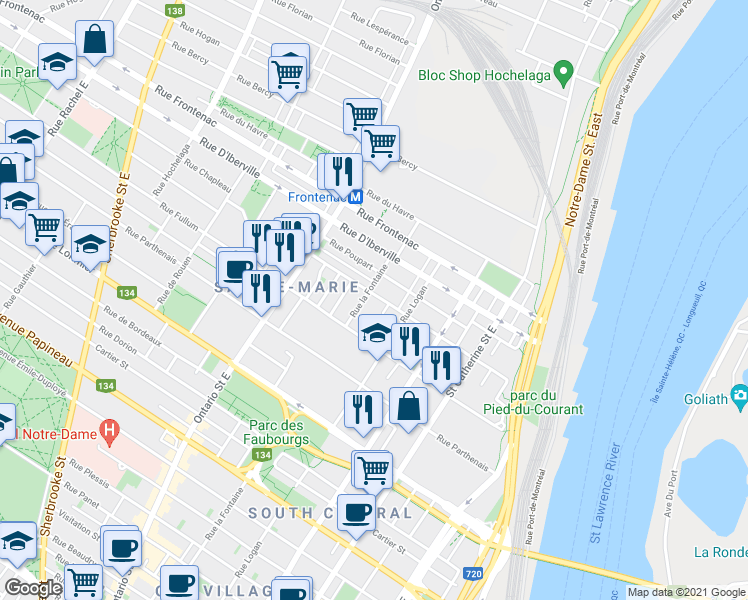 map of restaurants, bars, coffee shops, grocery stores, and more near 1746 Rue Dufresne in Montréal