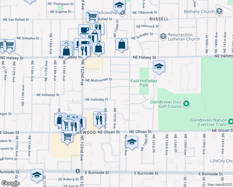map of restaurants, bars, coffee shops, grocery stores, and more near 12630 Northeast Holladay Street in Portland