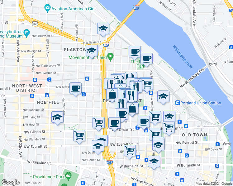 map of restaurants, bars, coffee shops, grocery stores, and more near 1333 Northwest Lovejoy Street in Portland