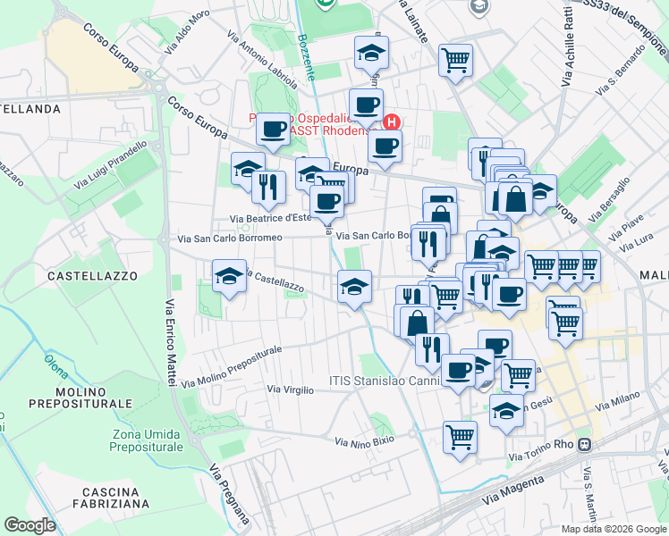map of restaurants, bars, coffee shops, grocery stores, and more near 14 Via Cornaggia in Rho
