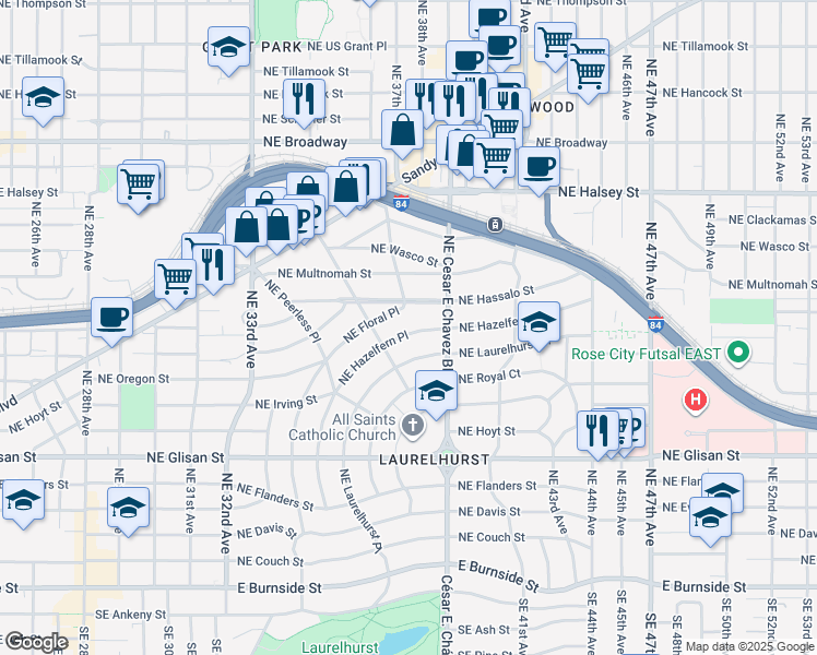map of restaurants, bars, coffee shops, grocery stores, and more near 933 Northeast Hazelfern Place in Portland