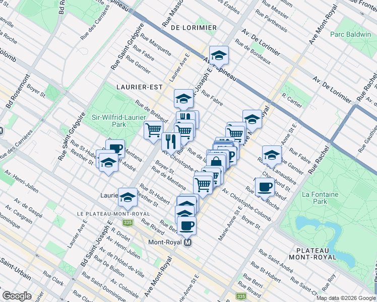 map of restaurants, bars, coffee shops, grocery stores, and more near 4692 Rue de la Roche in Montréal