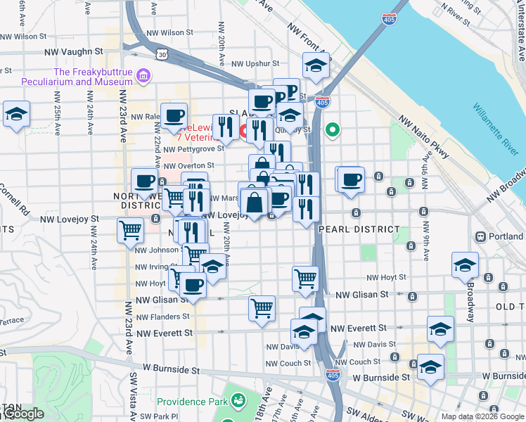 map of restaurants, bars, coffee shops, grocery stores, and more near 1829 Northwest Lovejoy Street in Portland