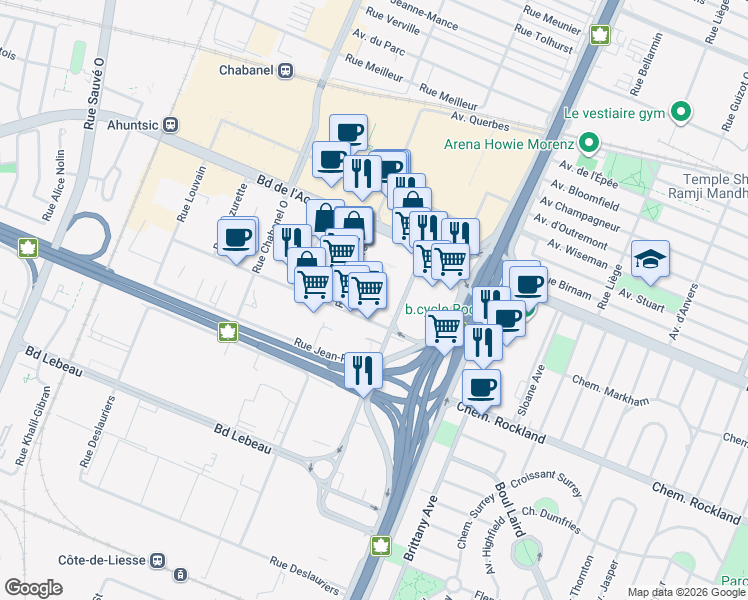 map of restaurants, bars, coffee shops, grocery stores, and more near in Montréal