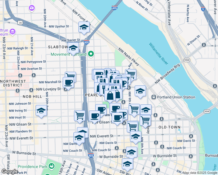 map of restaurants, bars, coffee shops, grocery stores, and more near NW 12th Ave & NW Lovejoy St in Portland