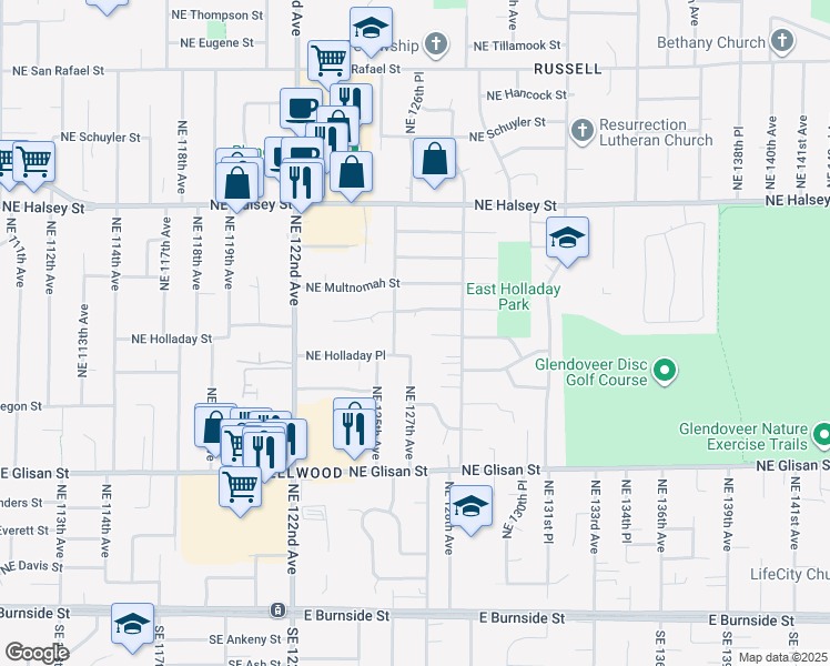 map of restaurants, bars, coffee shops, grocery stores, and more near 12630 Northeast Holladay Street in Portland