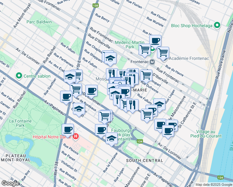 map of restaurants, bars, coffee shops, grocery stores, and more near in Montreal