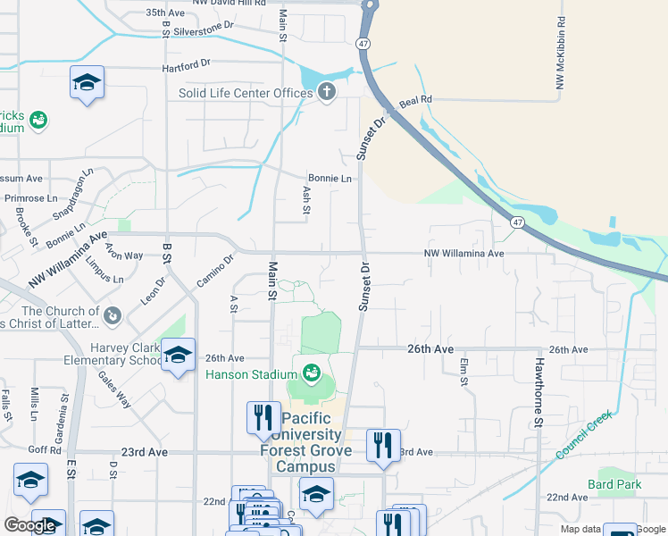 map of restaurants, bars, coffee shops, grocery stores, and more near 2833 Raymond Street in Forest Grove