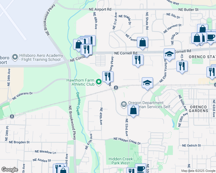 map of restaurants, bars, coffee shops, grocery stores, and more near 4800 Northeast Belknap Court in Hillsboro