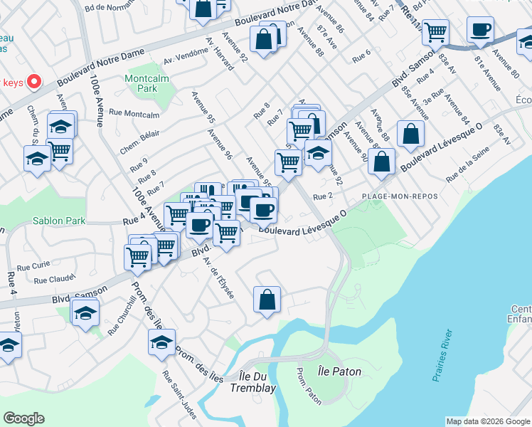 map of restaurants, bars, coffee shops, grocery stores, and more near 4474 Boulevard Samson in Laval